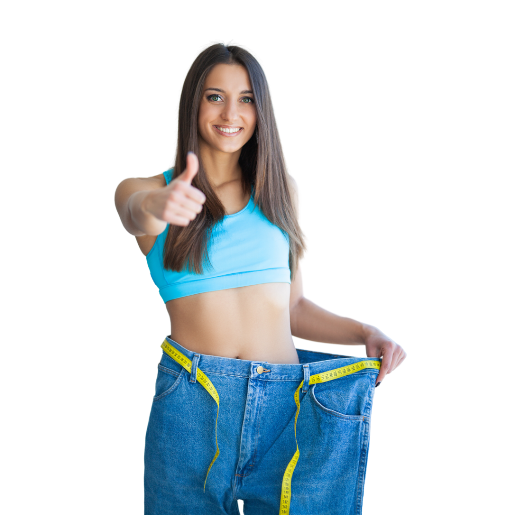 woman in large jeans with a measuring tape around her waist giving a thumbs up